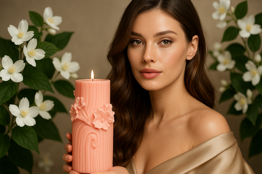 alt="Serenity Woods 576g sculptural soy candle handcrafted floral design luxury gift"